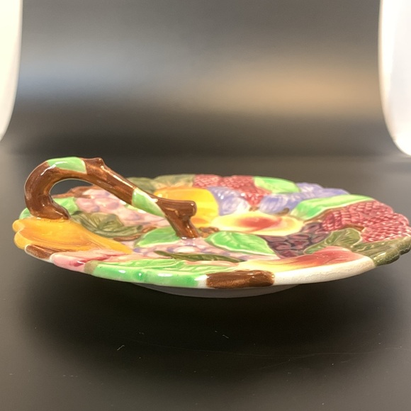 VINTAGE MAJOLICA STYLE JAPAN TUTTI FRUTTI SINGLE HANDLE LEMON SERVER PLATE 6” - Picture 4 of 7